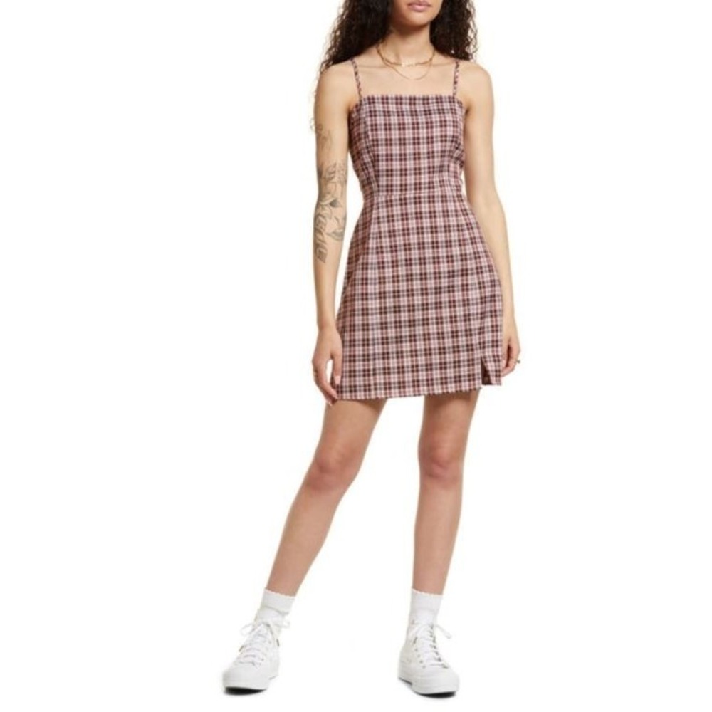 Bp. Women's Sleeveless Preppy Woven Mini Dress in Pink Rust Mini Plaid XSmall